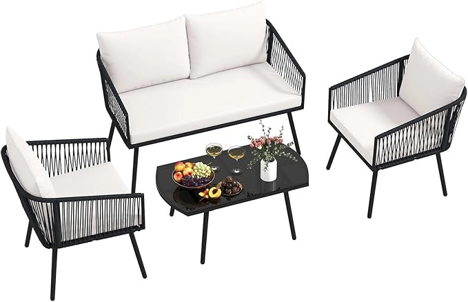 Set di 4 Pezzi in Corda PE da Giardino, Set Bistrò con Divano, Tavolino in Vetro Temperato, 2 Poltrone e Cuscini, Mobili da Giardino da Esterno per Cortile e Piscina
