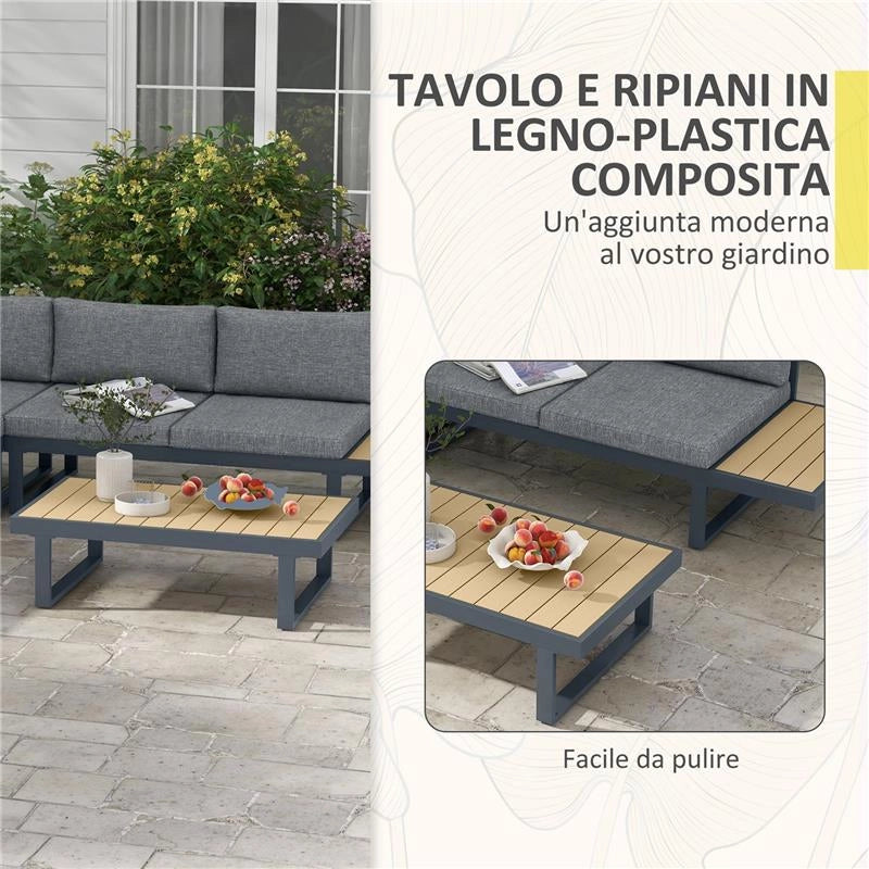 SET DA GIARDINO 4 PEZZI IN ALLUMINIO CON 2 DIVANETTI, POLTRONA ANGOLARE E TAVOLINO DA CAFFÈ, GRIGIO E TEAK