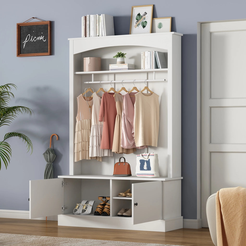 Mobili da ingresso con panca portascarpe e appendiabiti, 2 ripiani, per corridoio, bianco, 120 × 40 × 190 cm