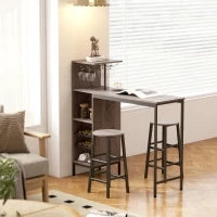 Set tavolo da bar 3 pezzi con ripiani, portabottiglie, portabicchieri e 2 sgabelli con poggiapiedi, Grigio