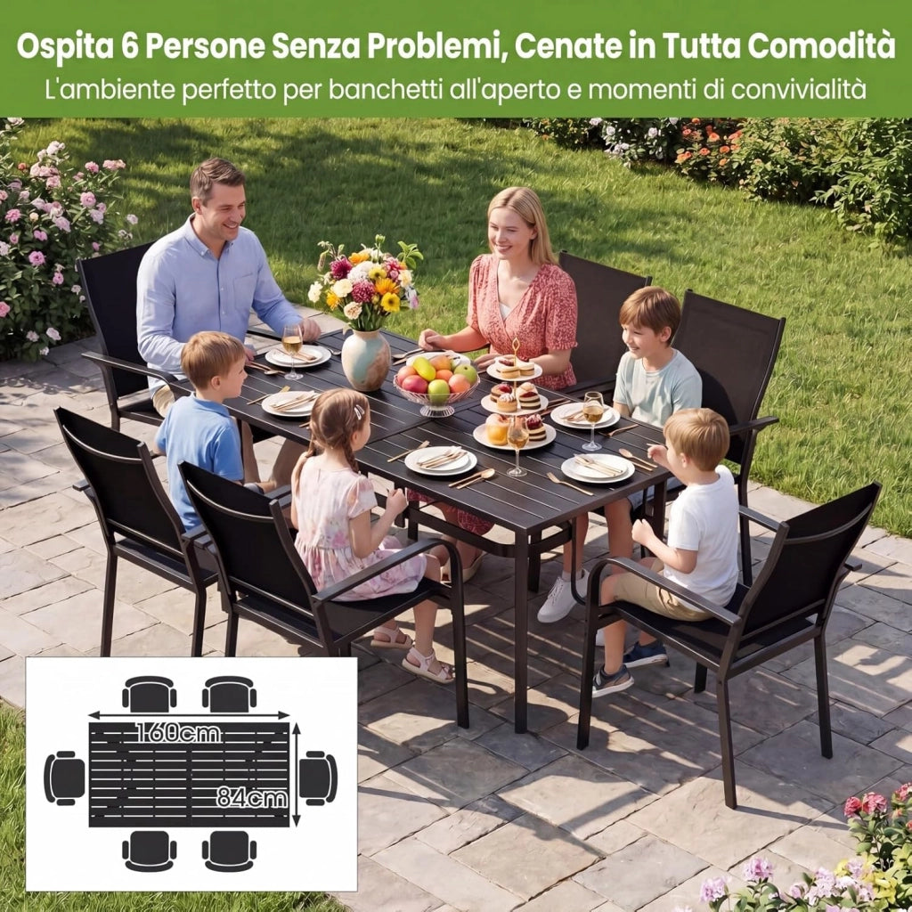 Tavolo da Giardino a 6 Posti in Metallo, Tavolo Esterno con Fori di Ombrellone, 160 x 84 x 73 cm, per Balcone, Terrazzo, Campeggio, Pranzo, Rettangolare, Resistente, Portata 150 kg