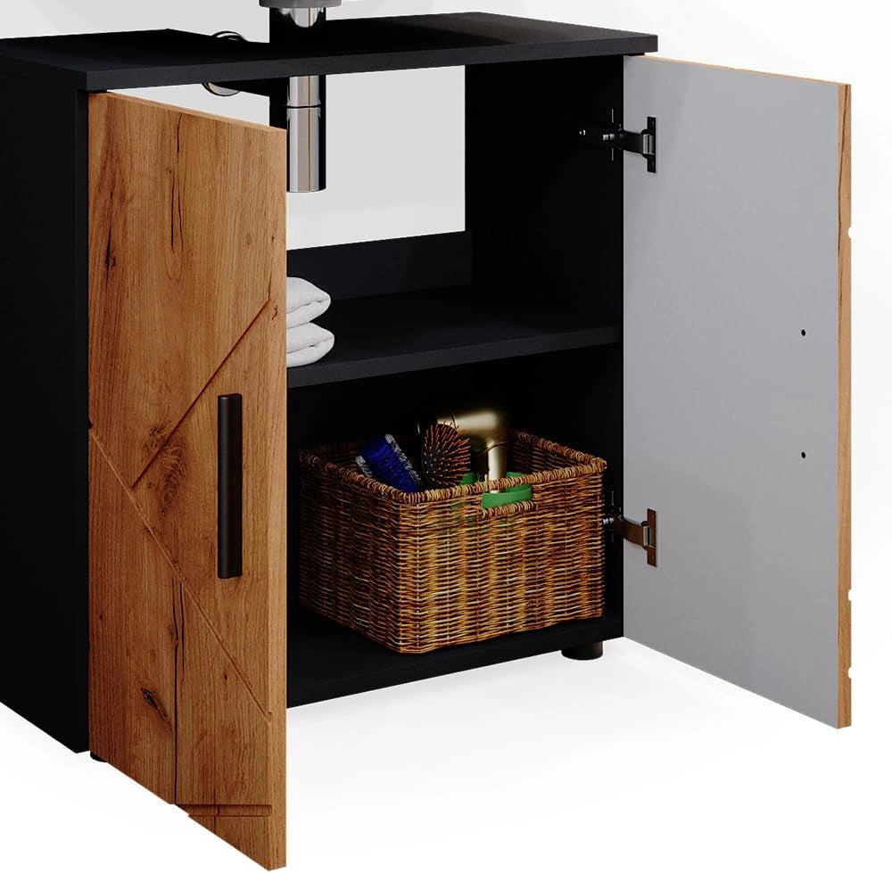 Set mobili bagno Irma, Quercia dorata/antracite, 80 cm, composto da specchio da bagno e mobile sottolavabo