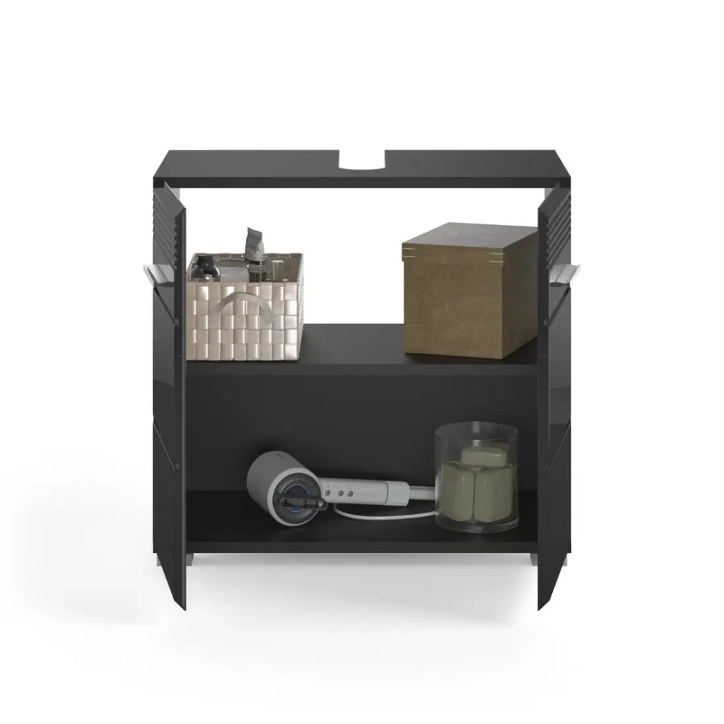 Set di mobili per il bagno: mobile sotto lavabo + armadietto con specchio – Nero lucido – KLEANKIN