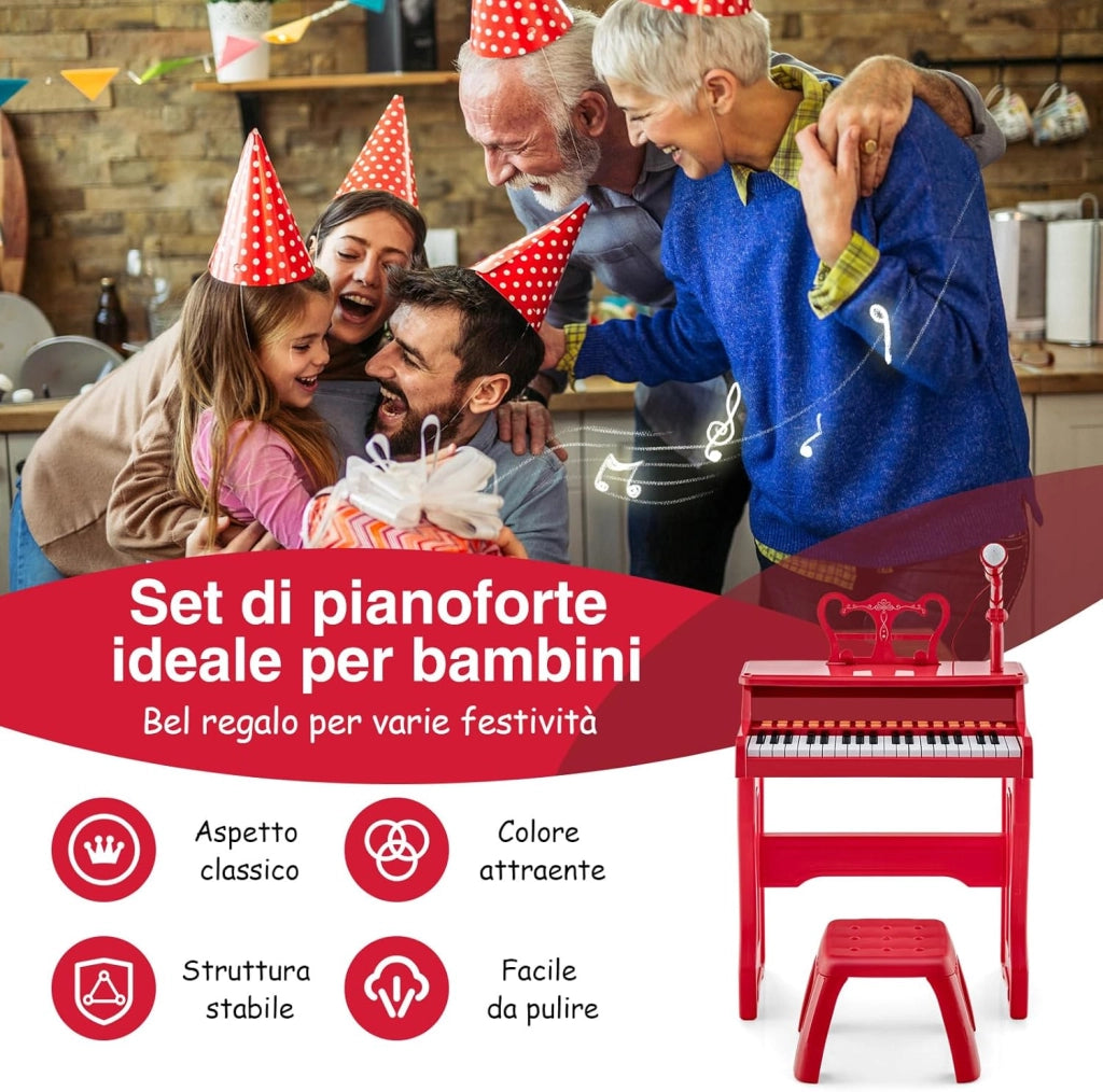 Set Pianoforte Elettrica a 37 Tasti, Tastiera Digitale con Microfono Regolabile, Supporto Rimovibile, Funzioni di Record e Playback, Pianoforte Giocattolo per Bambini 3+Anni (Rosso)