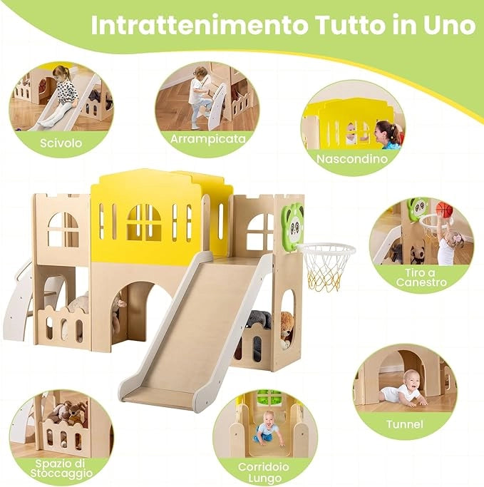 7 in 1 Set da Scivolo per Bambini, Parco Giochi in Legno Interno ed Esterno con Arrampicata Canestro da Basket Corridoio Tunnel, Forma di Castello per Bambini 3 Anni +