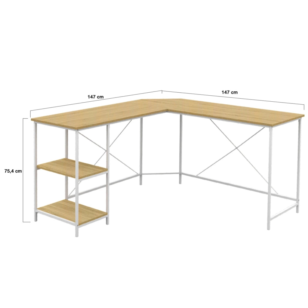 IDMarket - DETROIT Escritorio esquinero de diseño industrial en forma de L de madera y metal blanco