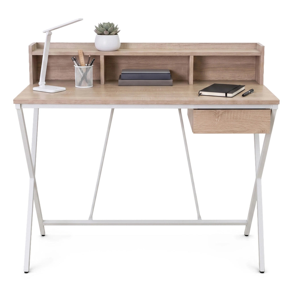 Scrivania PC industriale Rovere Sonoma FLEXO 100 cm 1 cassetto 1 ripiano gambe bianche
