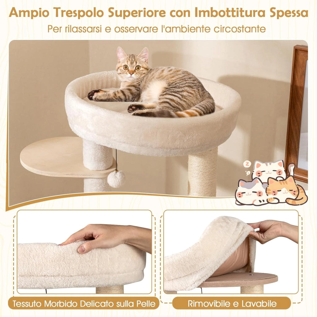 Albero per Gatti, Tiragraffi per Gattini in Legno Alto 143 cm con 2 Posti per Grattare in Sisal, Condominio, Piattaforma, Giocattolo Sospeso e Cuscino Lavabile, Mobile Moderno per Arrampicata