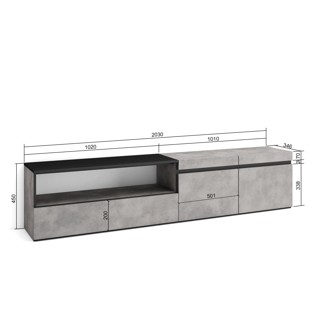 Mobile TV, 200x35x45cm, soggiorno, Per TV fino a 80", Mobile Soggiorno, grigio cemento RF2214