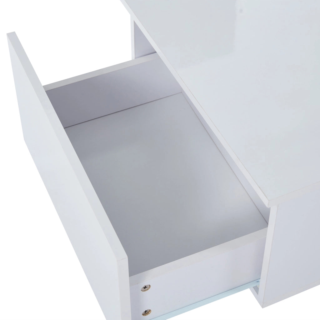 Tavolino basso con 2 cassetti e LED in MDF con piano in acrilico bianco lucido da salotto 100 × 50 × 35 cm
