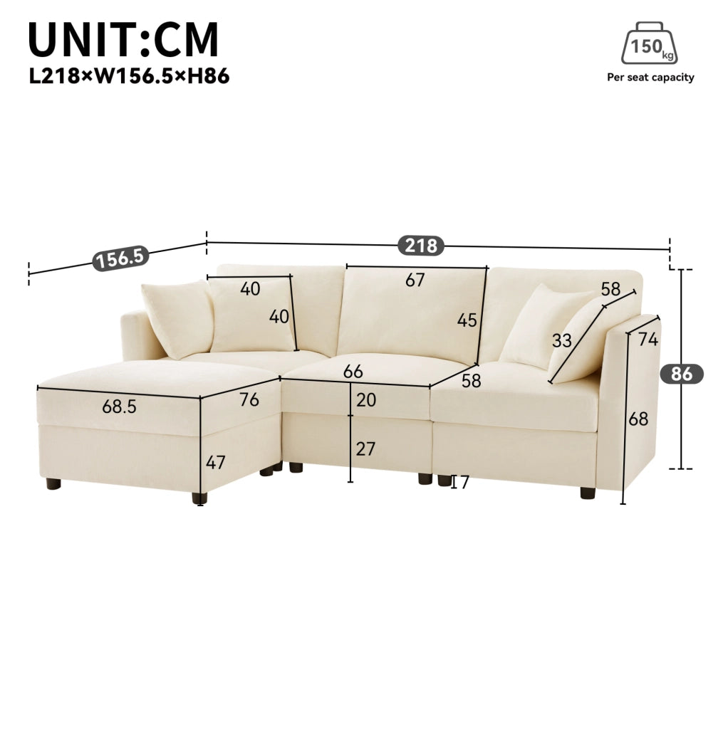 Divano angolare modulare 3 posti con pouf; in tessuto chenille beige; 218x156;5x86 cm