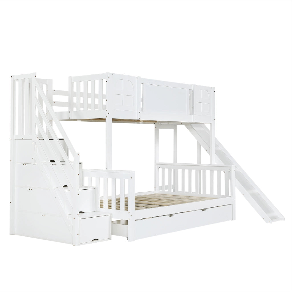 LETTO A CASTELLO con finestra, scivolo e scala contenitore 90x200 cm bianco