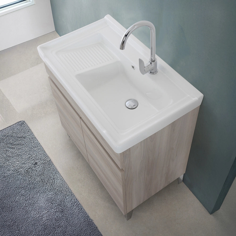 Mobile lavatoio 79x46,8 cm rovere grigio con vasca in ceramica bianca