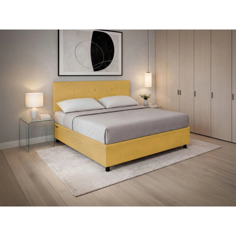 Letto imbottito Letto Matrimoniale alla Francese 140x200 cm Button - Contenitore,Microfibra,Ocra