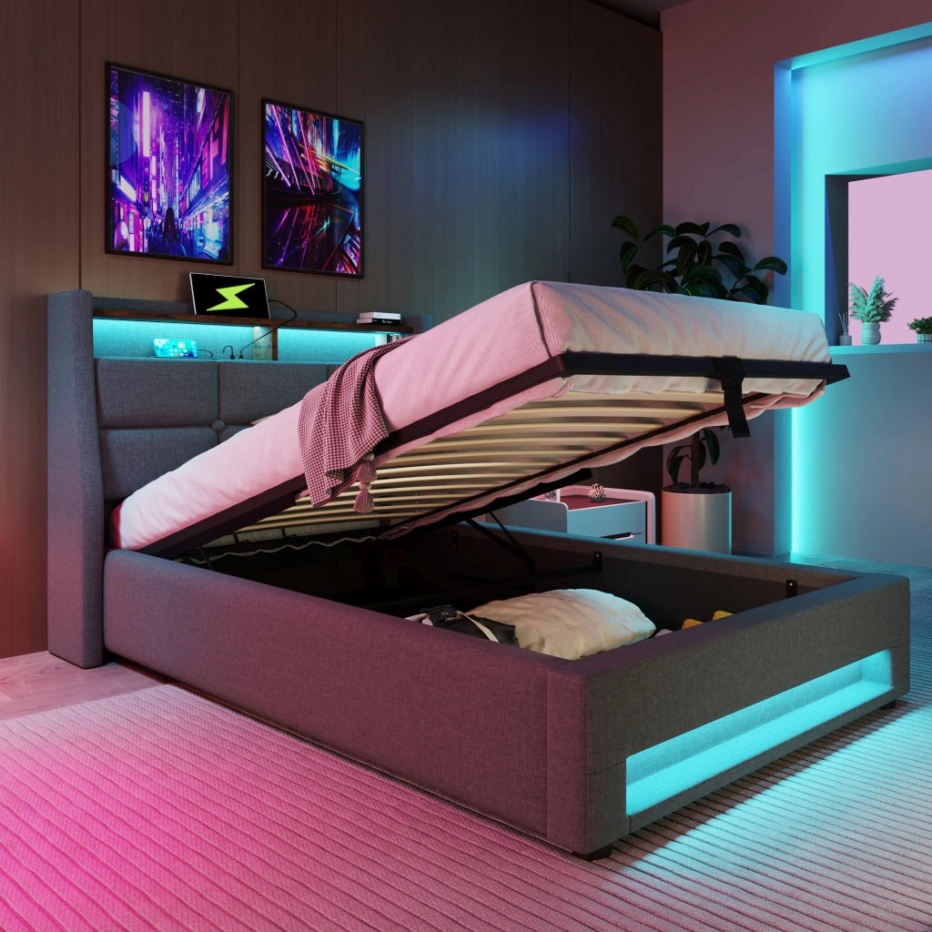 Letto imbottito 90x200 cm con LED e USB; stile vintage; grigio; con materasso