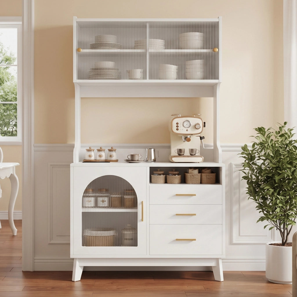 Credenza e madia con 2 prese e porte USB-A e USB-C, per cucina e sala da pranzo, bianco, 100,5 × 40 × 178 cm