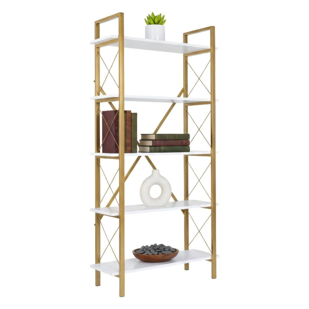 Libreria Suriel, Scaffale da ufficio, Mobile portalibri, Biblioteca, 90x34 h180 cm, Bianco e Oro