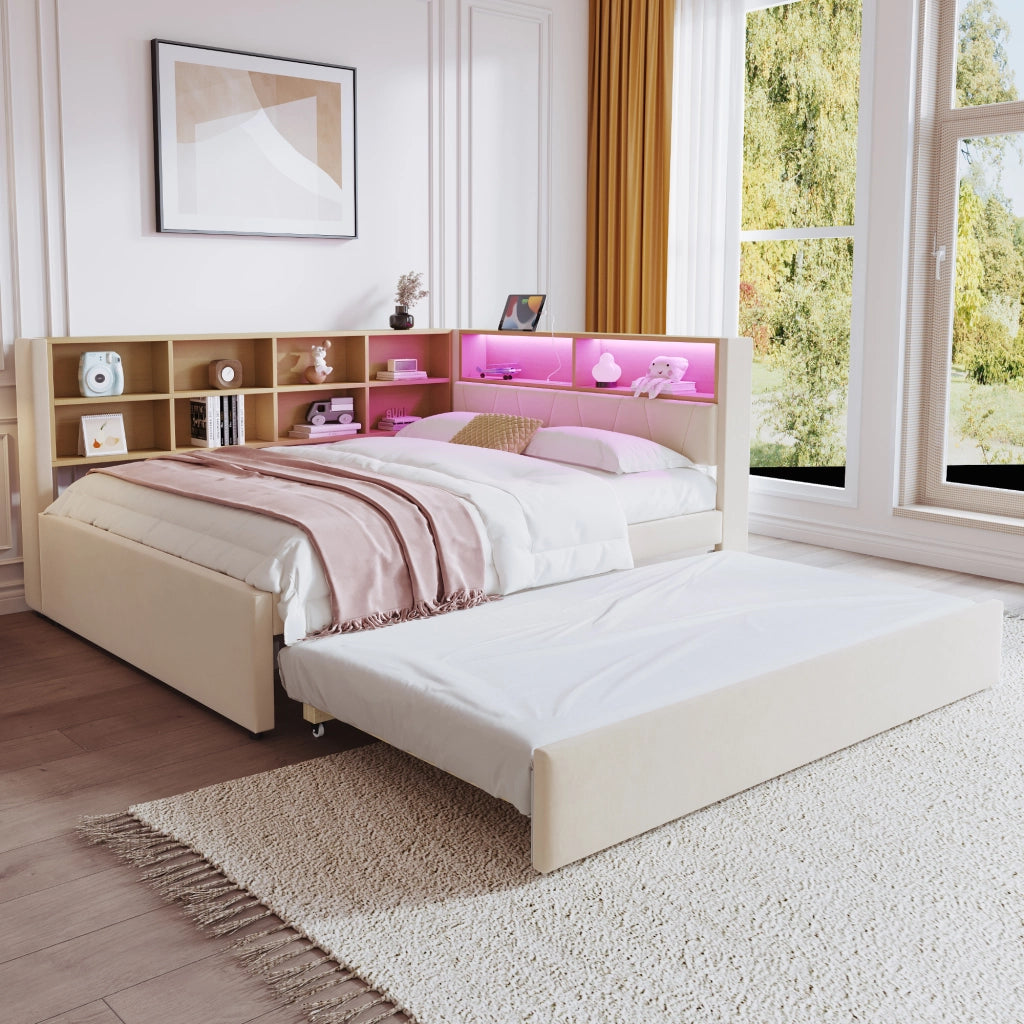 Divano Letto Singolo con LED ¨C MINIMAL ¨C Flanella Beige, 90x190 / 140x200