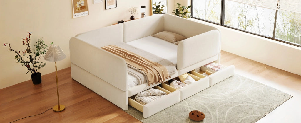 Letto per bambini 140 × 200 cm con 3 cassetti contenitore, sponde imbottite e angoli arrotondati, senza materasso, beige