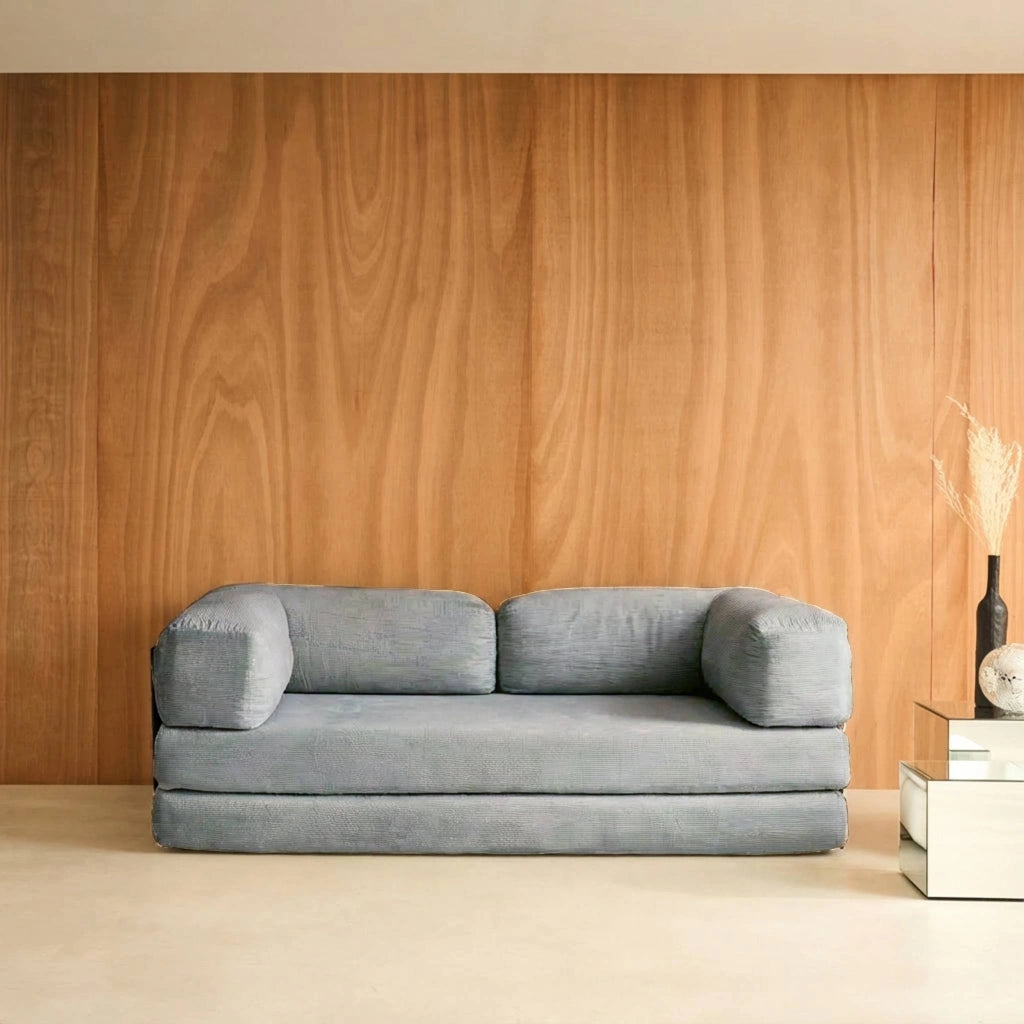 Divano letto futon in velluto a coste e struttura cromata, grigio