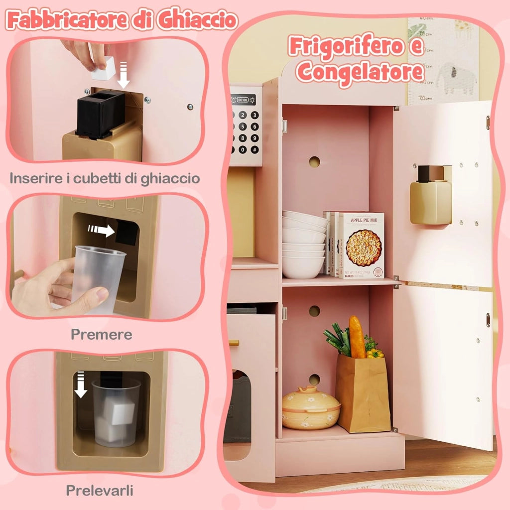 Cucina Giocattolo Angolare in Legno, Set di Cucina Giocattolo per Bambini con Lavabo, Fornelli, Forno, Frigorifero, Macchina del Ghiaccio e Accessori, per Bambini 3 Anni+ (Rosa)
