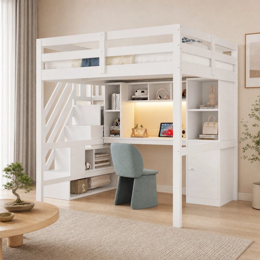 Letto a soppalco 140x200 cm con scrivania; scala contenitore; scaffali; LED e prese EU; bianco