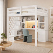 Letto a soppalco 140x200 cm con scrivania; scala contenitore; scaffali; LED e prese EU; bianco