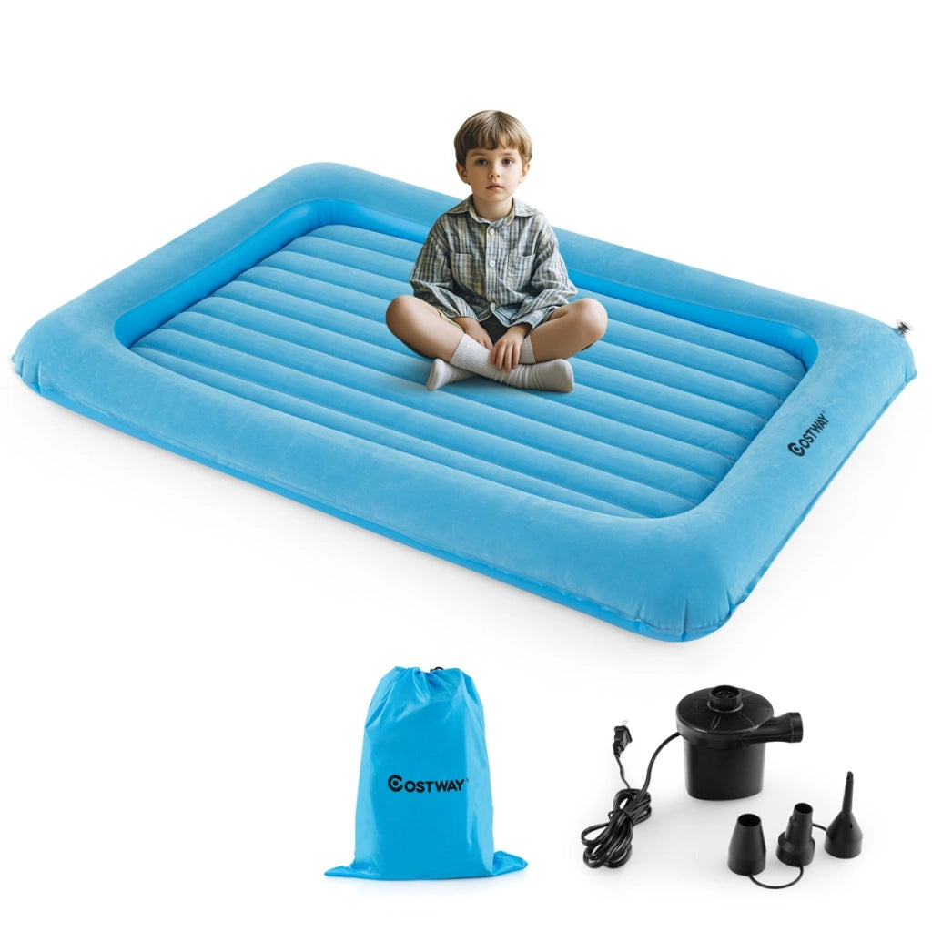 Letto gonfiabile per bambini in viaggio, Set di materasso ad aria portatile con pompa elettrica barriere laterali Blu-Materassi e basi letto