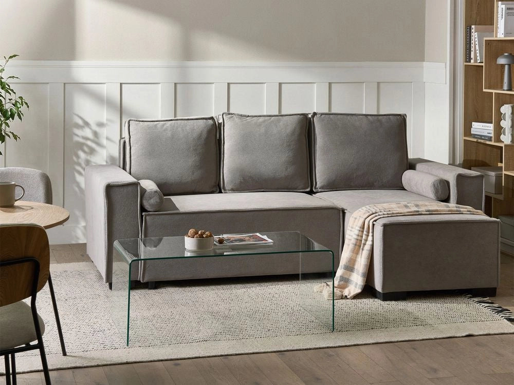 Divano letto angolare a 3 posti con rivestimento in tessuto grigio lato sinistro con braccioli contenitore reversibile stile moderno soggiorno