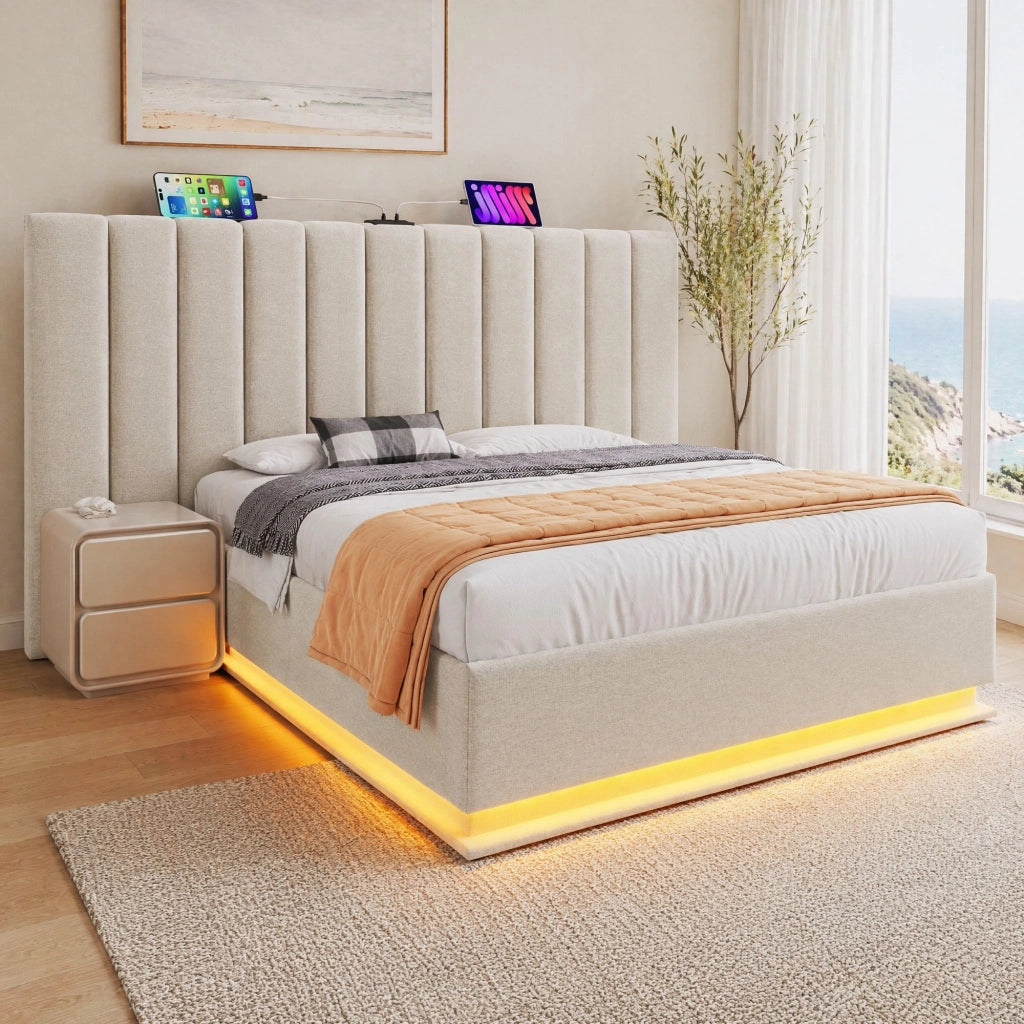 Letto matrimoniale 160x200 con LED 360°, USB-C e contenitore idraulico
