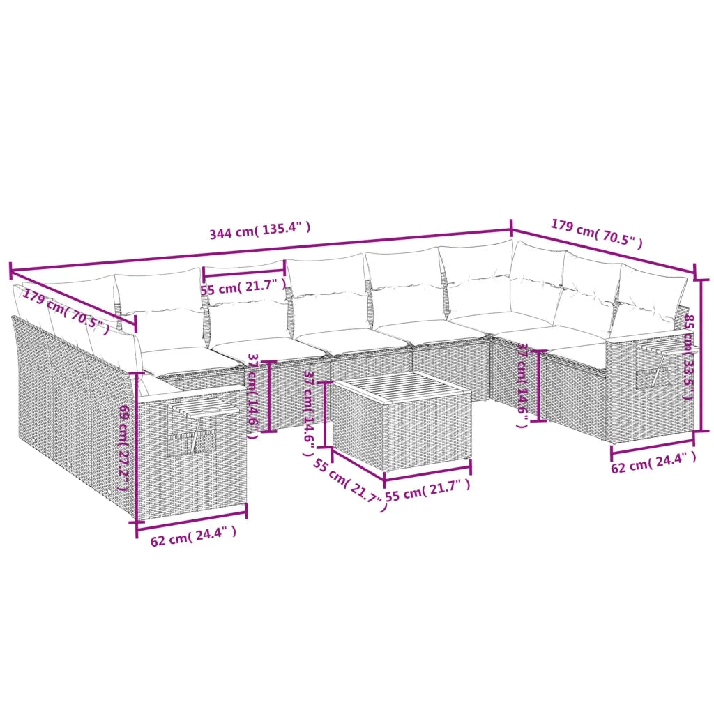 Set Divani da Giardino 11 pz con Cuscini in Polyrattan Nero