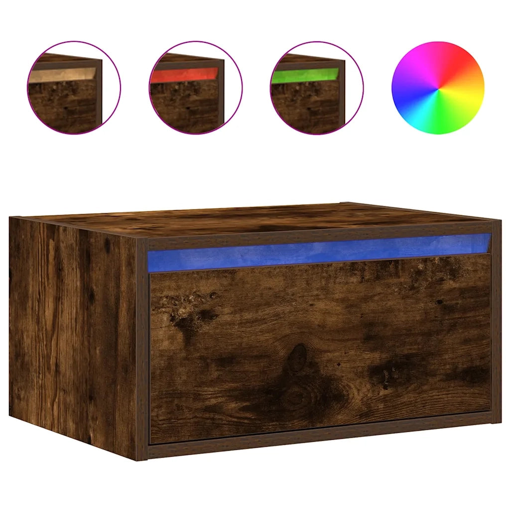 Set di 2 Comodini | Armadio da Notte | Mobiletto da notte a Parete con luci LED Rovere Fumo