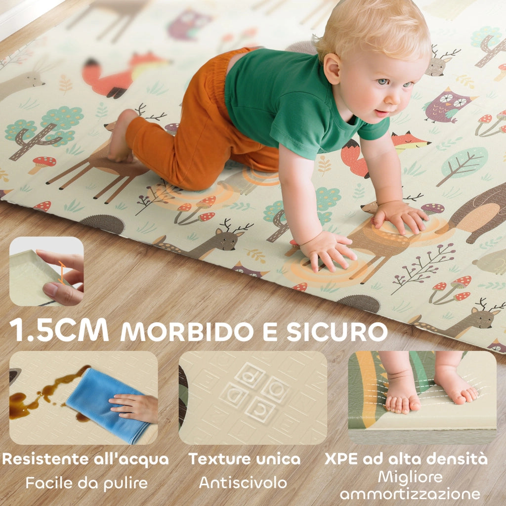 Tappeto per Bambini 0-6 Anni a Tema Foresta con Superficie Impermeabile in XPE Multicolore. 196x176x1.5 cm