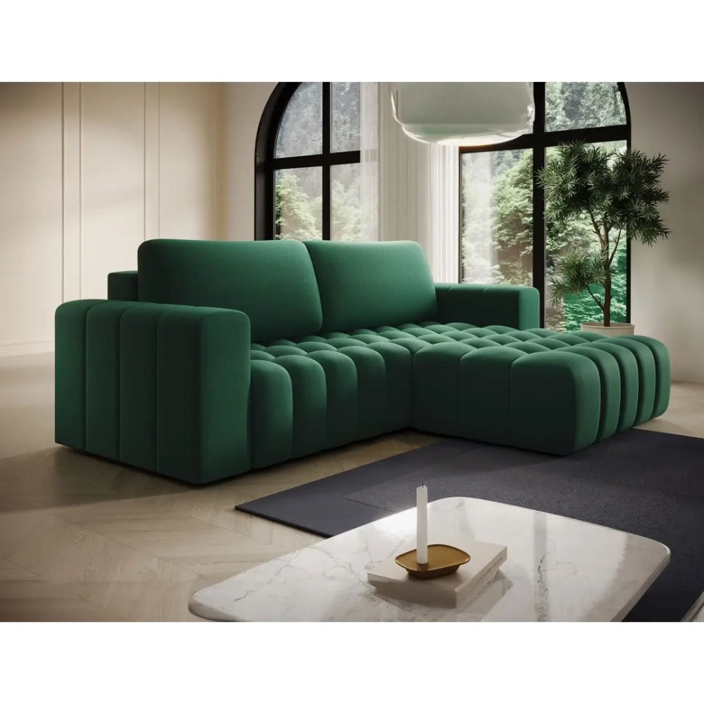 Divano angolare convertibile DORY verde scuro 250 cm con vano contenitore angolo destro
