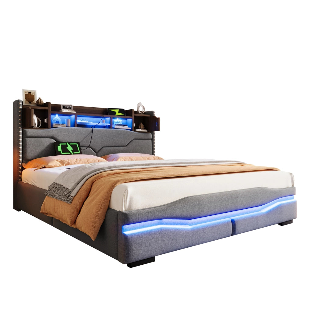 Letto matrimoniale 160x200 cm imbottito in lino grigio con contenitore idraulico e luci LED