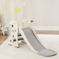 Scivolo per Bambini Pieghevole con Canestro e Palla da Basket, in PP e HDPE, 146x52x65 cm, Grigio e Crema