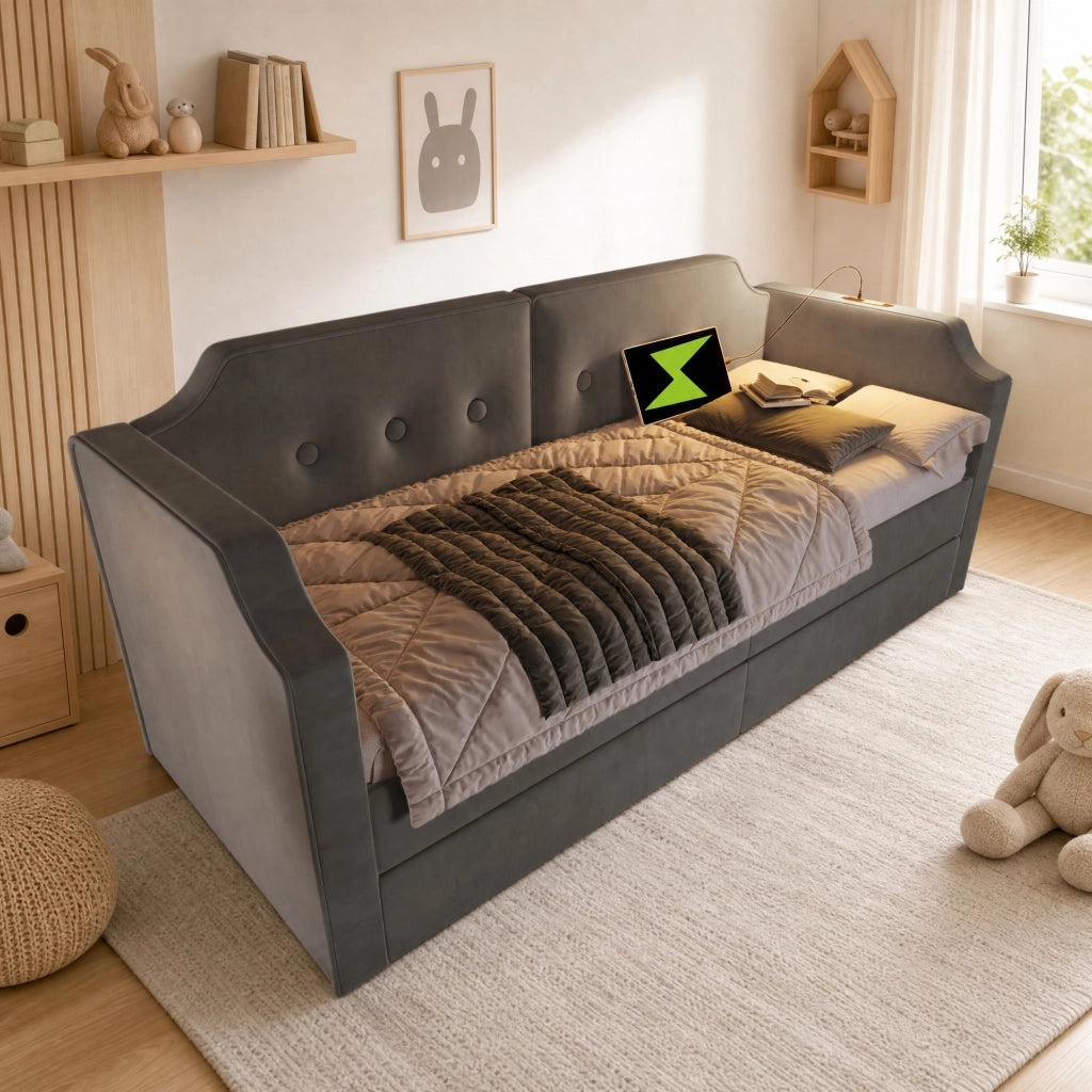 DESMIU Letto divano 90 × 200 cm 1 posto con 2 cassetti, USB, Type-C e lampada da lettura, senza materasso, grigio