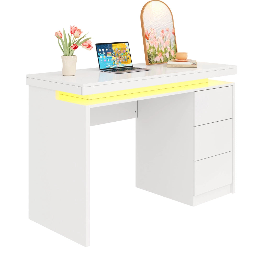 Scrivania LED 120x50x78;5 cm con 3 cassetti; MDF bianco opaco