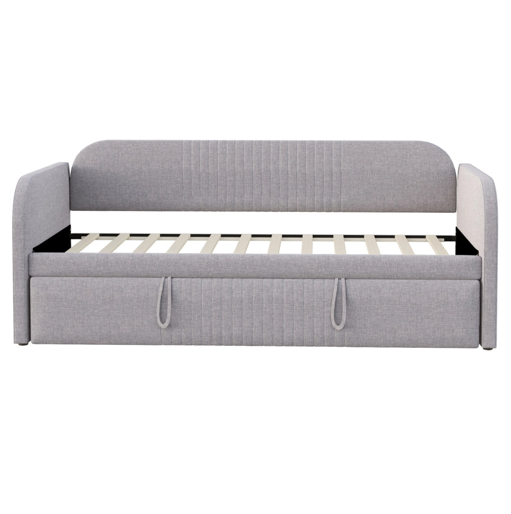 Divano letto imbottito estensibile 90/190 cm in tessuto effetto lino grigio chiaro