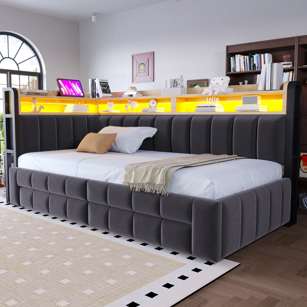 Divano letto imbottito 90x200 trasformabile 180x200, contenitori, cassetti, LED e USB/Type-C