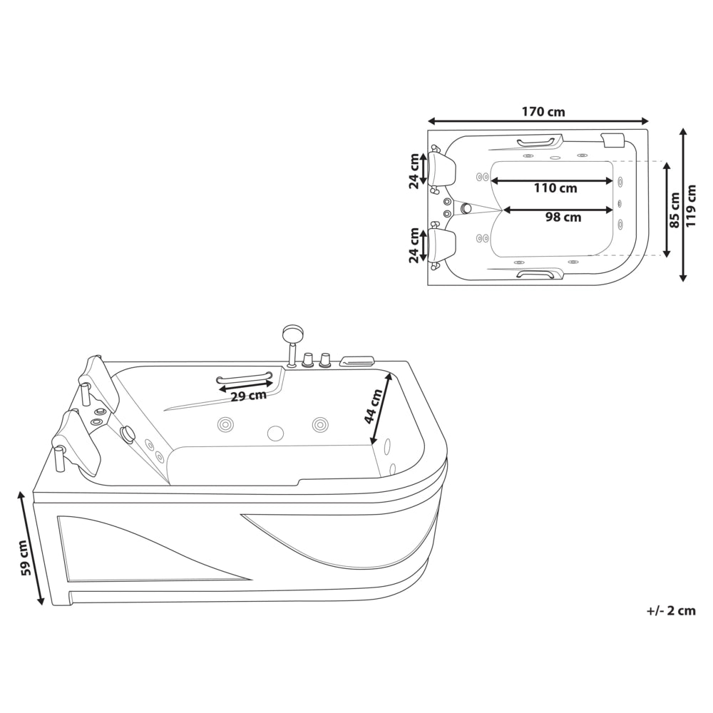 Vasca Idromassaggio Acrilico Bianco 170 x 119 cm Luci LED Subacquee Curvo versione destra Doppio Idromassaggio