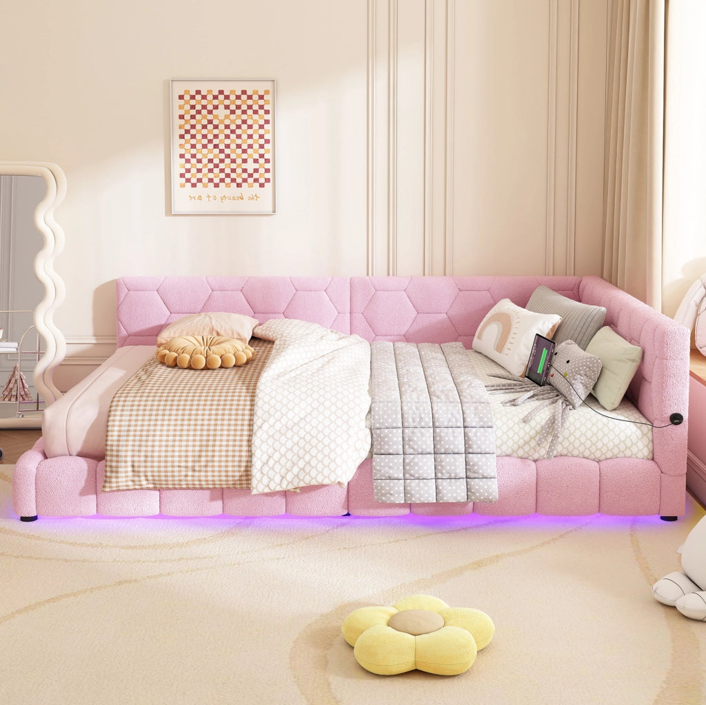 Divano letto 140x200 cm con luci LED; velluto e MDF; rosa (Senza materasso)