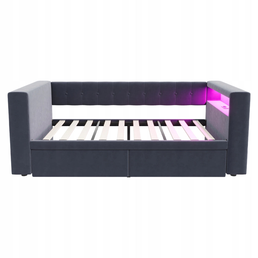 Letto imbottito 90x190 LED - Xylo - Grigio scuro, cassetti, presa