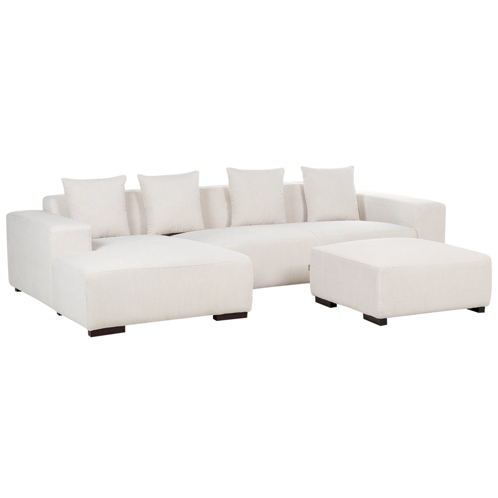 Divano angolare a L con cuscini 4 posti in velluto a coste bianco sporco con ottomana versione a destra stile elegante moderno