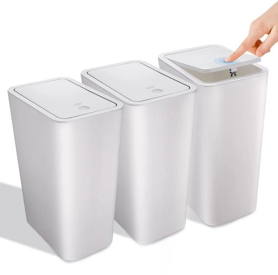 Set di 3 contenitori per rifiuti con coperchio, contenitore per rifiuti in plastica da 10L, moderna cassetta per rifiuti per camera da letto, cucina, ufficio, bagno (bianco)