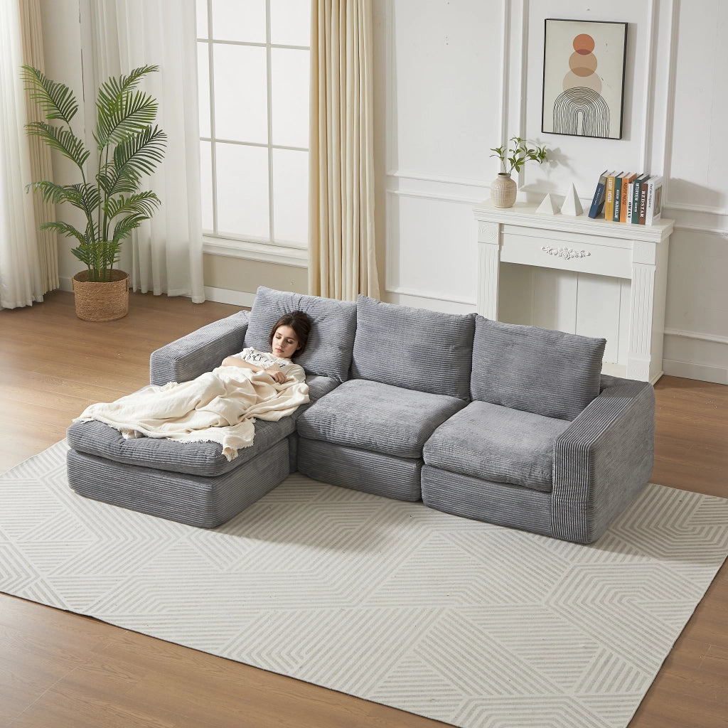 Divano Angolare con Chaise Longue in Velluto a Coste ¨C MINIMAL ¨C 3 Posti, Grigio