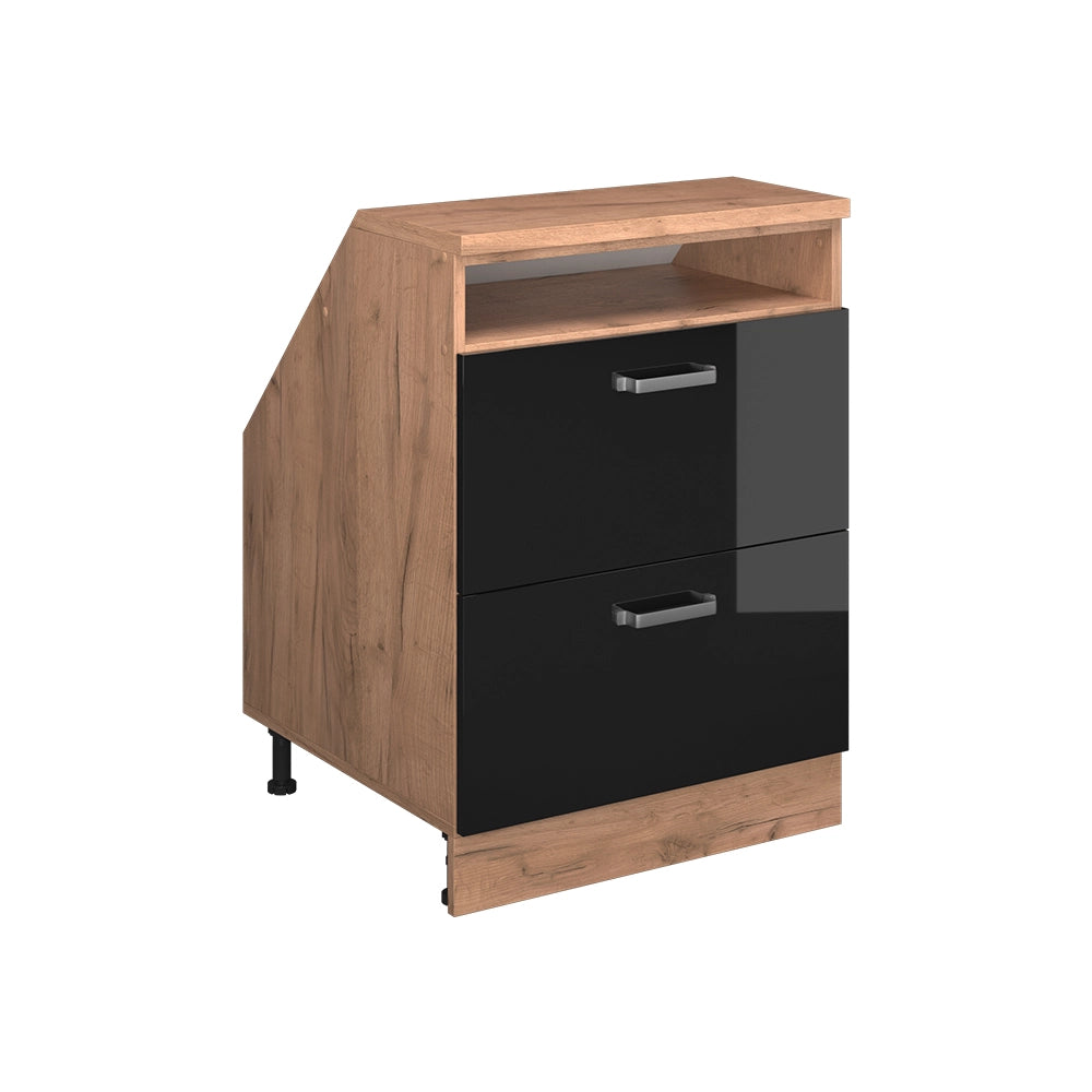 Mobile cucina sottotetto R-Line Nero lucido/Rovere dorato 60 cm con 2 cassetti, carcassa 60 cm profondità Vicco