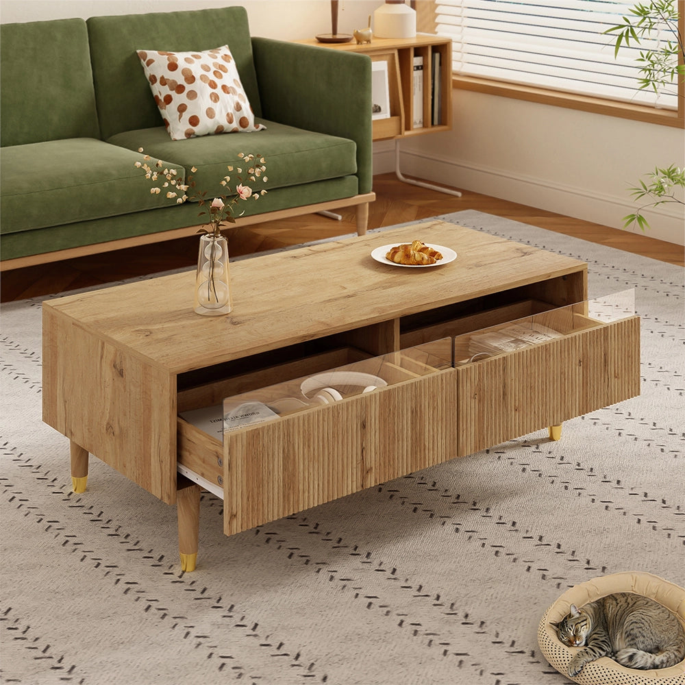 Tavolino-Xylo-Piano ondulato LED piedi legno dorato 2 cassetti