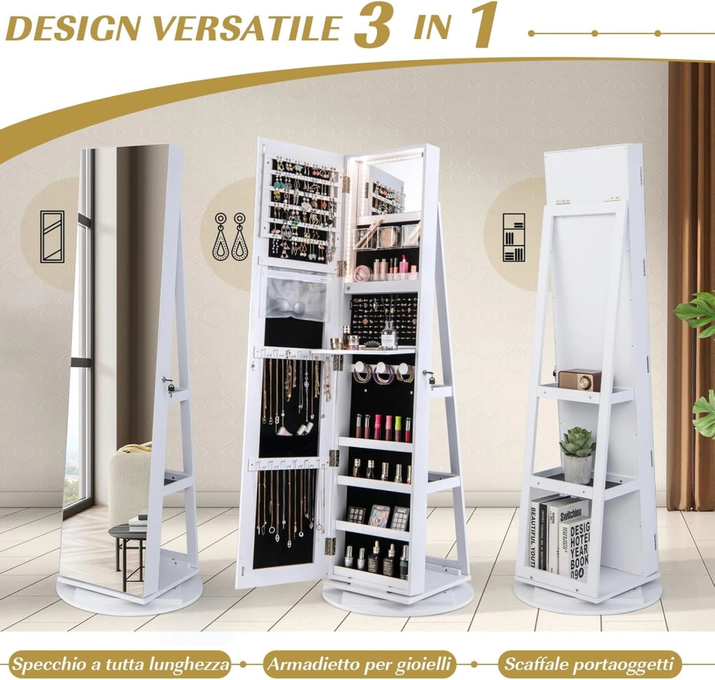 Armadietto per Gioielli Girevole a 360°, con Specchio a Figura Intera Luce a LED a 3 Colori, Specchio Interno per il Trucco con Serratura, 54,5 x 54,5 x 161cm (BIANCO)