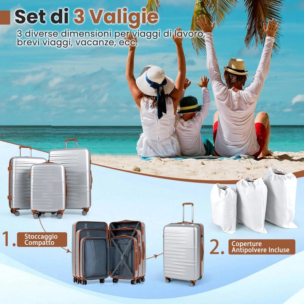 Set di Valigie Rigide 3 Pezzi, Set Valigia da Viaggio in ABS con TSA Lucchetto, Manico Telescopico in Alluminio e Ruote Piroettanti, 20", 24", 28" (Argento)